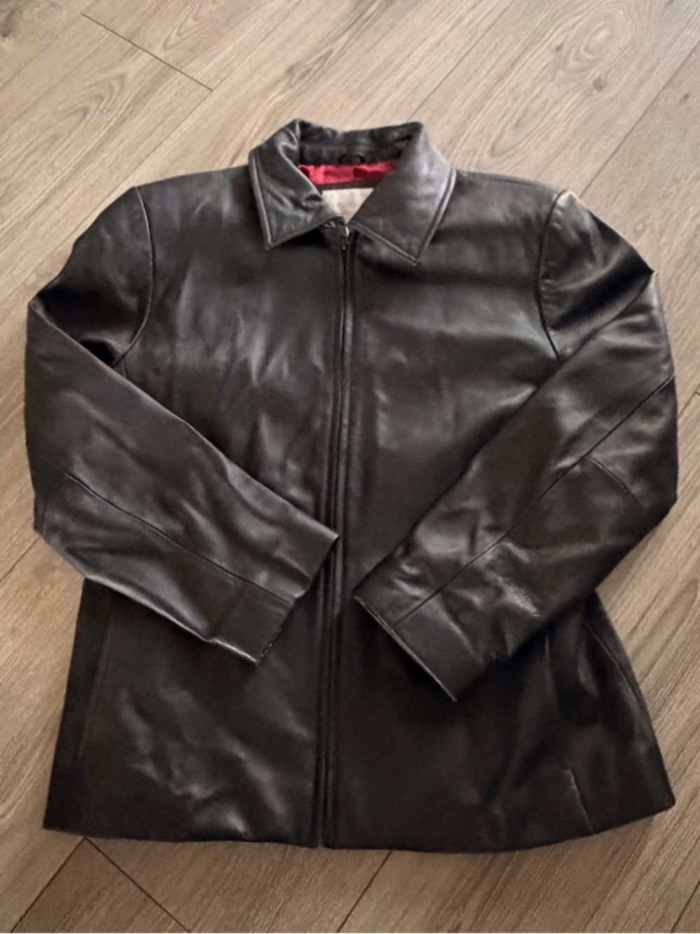 Worthington Black Genuine Lambskin Leather Bomber Jacket with Red Lining Size M